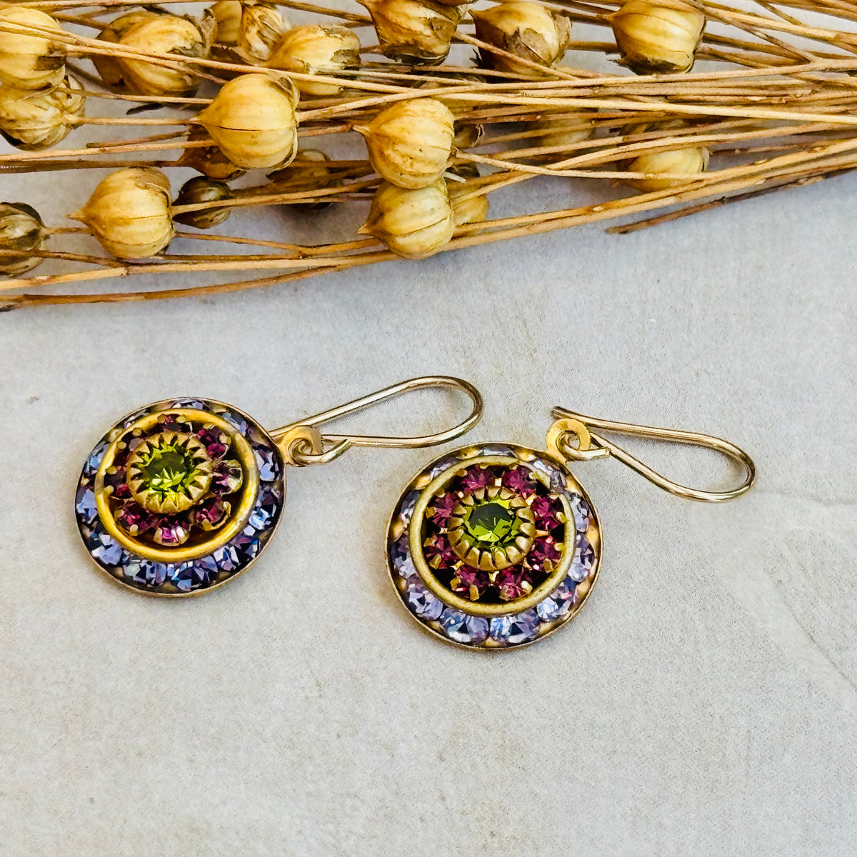 Tanzanite, Purple, Olive Swarovski Crystal Domed Earrings in 14K Gold Fill