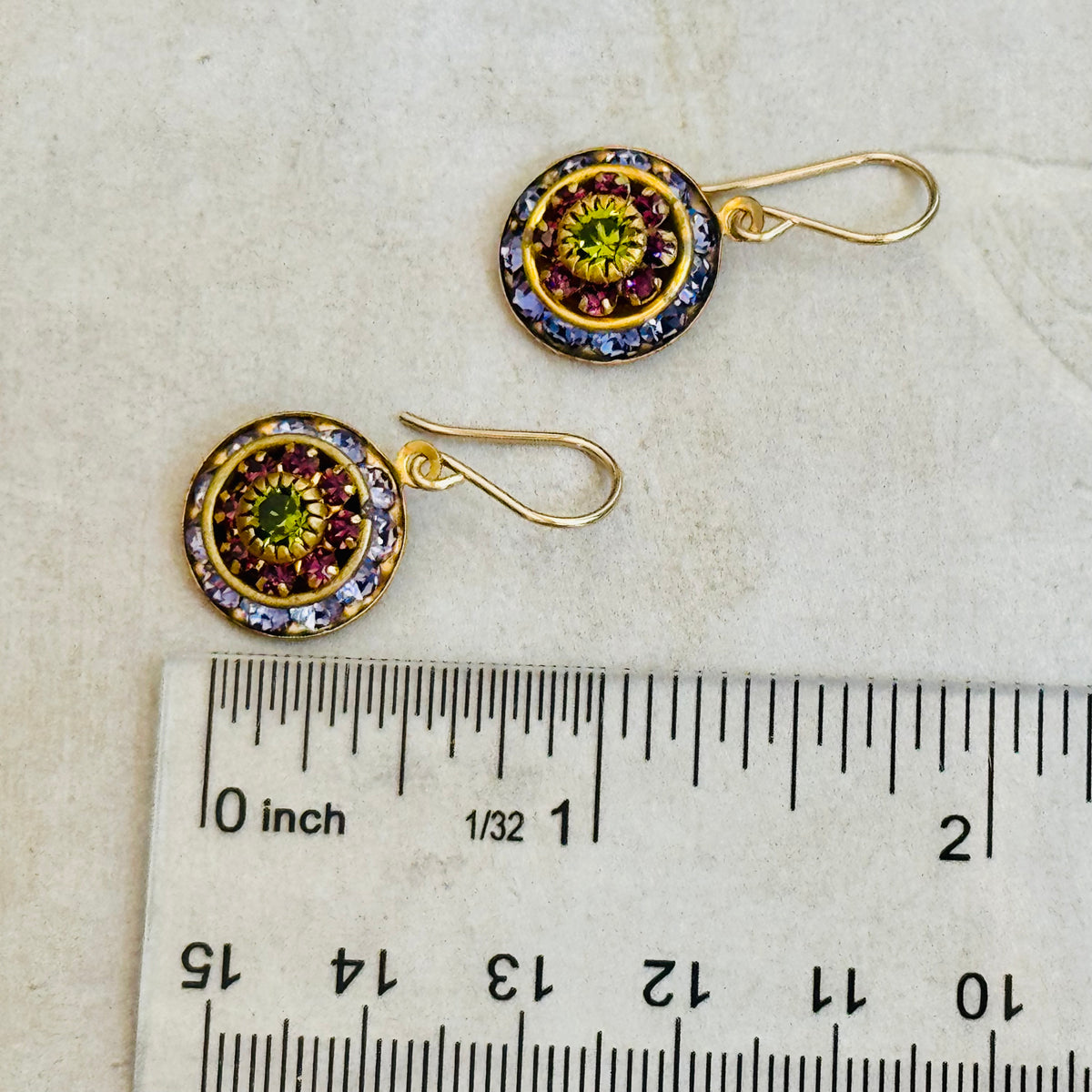 Tanzanite, Purple, Olive Swarovski Crystal Domed Earrings in 14K Gold Fill