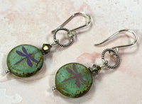 Czech Teal Coin Dragonfly Earrings in Sterling Silver