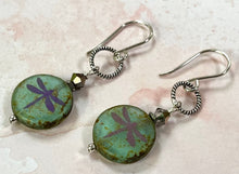 Load image into Gallery viewer, Czech White and Teal Coin Dragonfly Earrings in Sterling Silver
