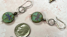 Load image into Gallery viewer, Czech White and Teal Coin Dragonfly Earrings in Sterling Silver
