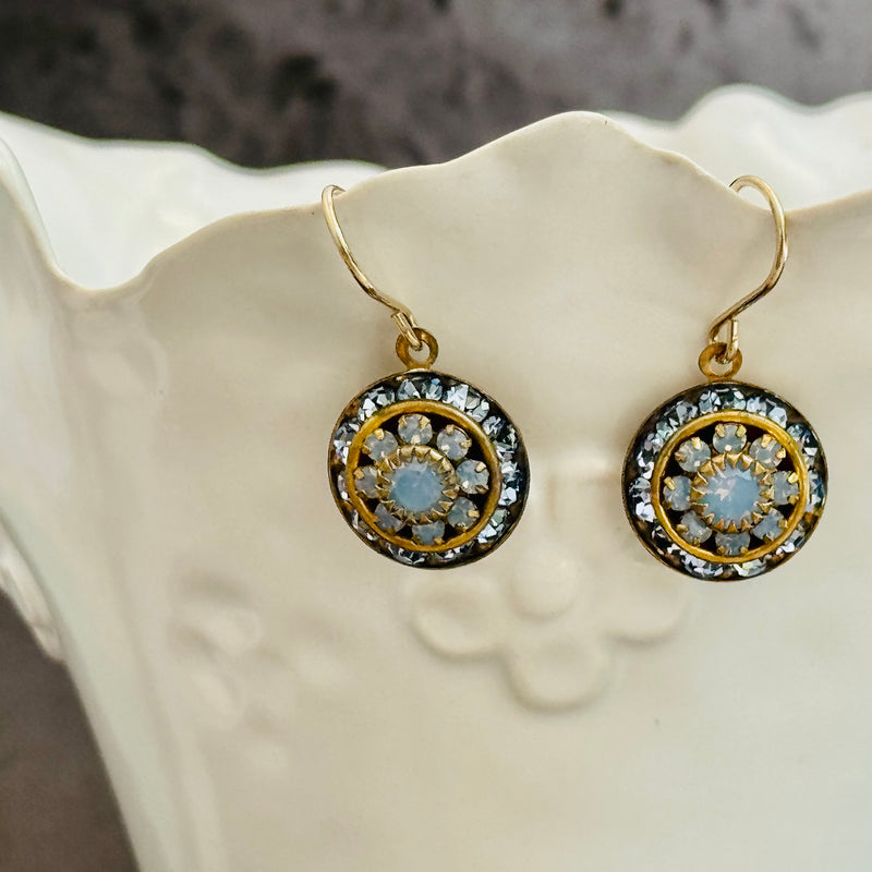 Blue Opal Swarovski Crystal Domed Earrings in 14K Gold Fill