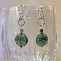 Czech Teal Coin Dragonfly Earrings in Sterling Silver