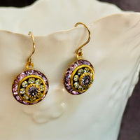 Pink and Green Swarovski Crystal Domed Earrings in 14K Gold Fill