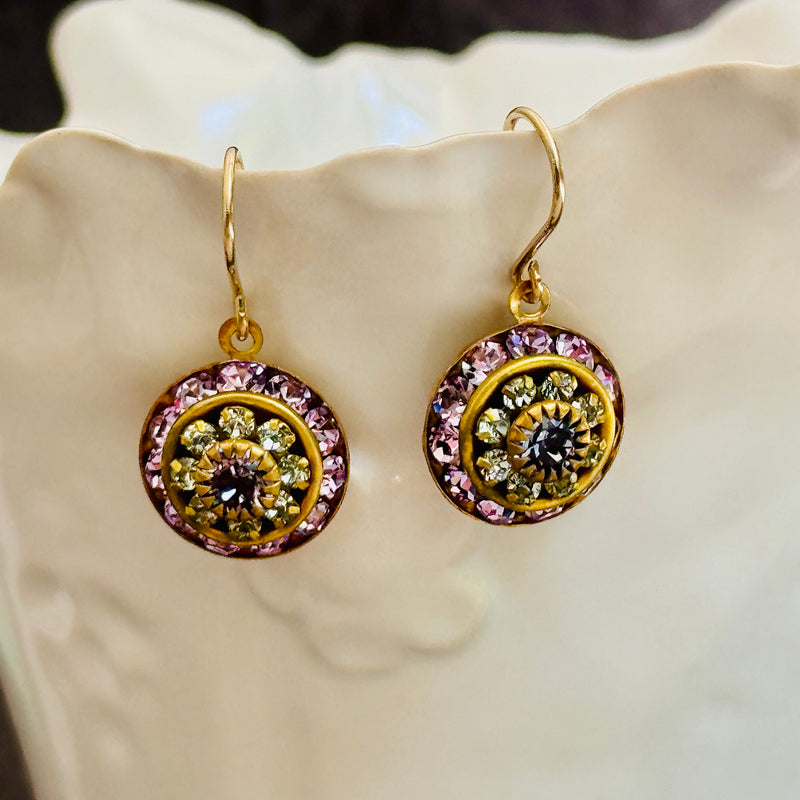 Pink and Green Swarovski Crystal Domed Earrings in 14K Gold Fill