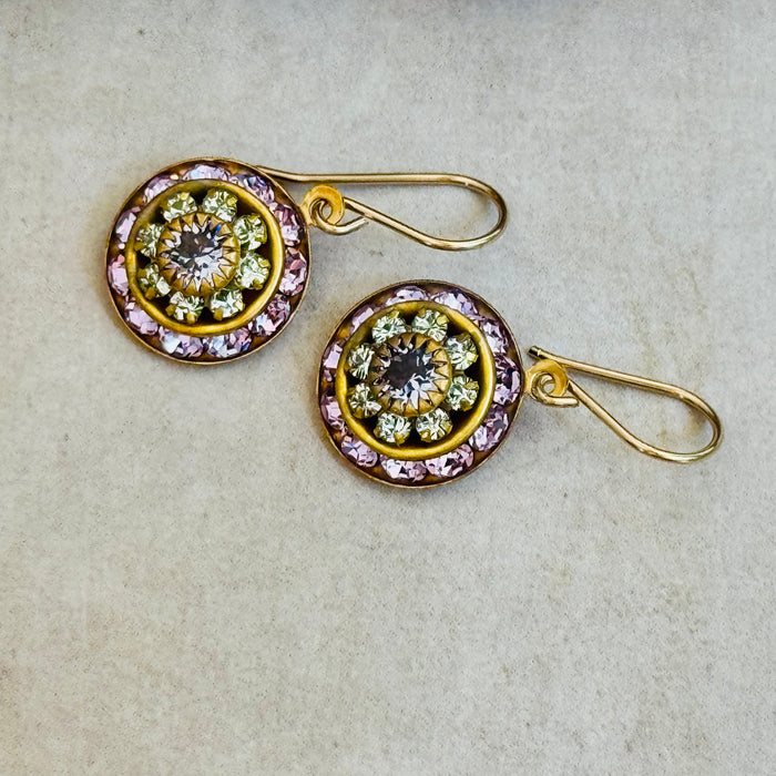 Pink and Green Swarovski Crystal Domed Earrings in 14K Gold Fill