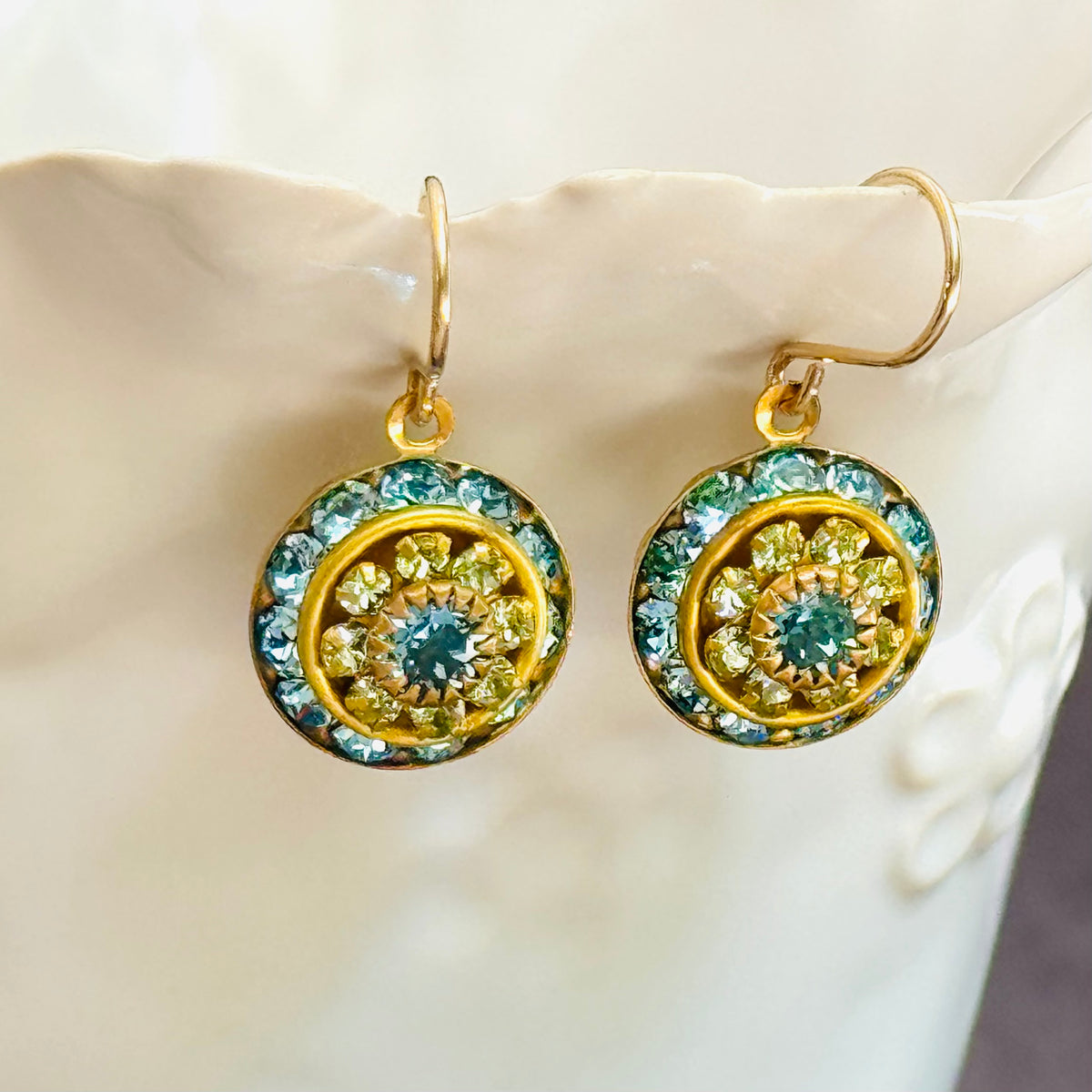 Aqua and Green Swarovski Crystal Domed Earrings in 14K Gold Fill