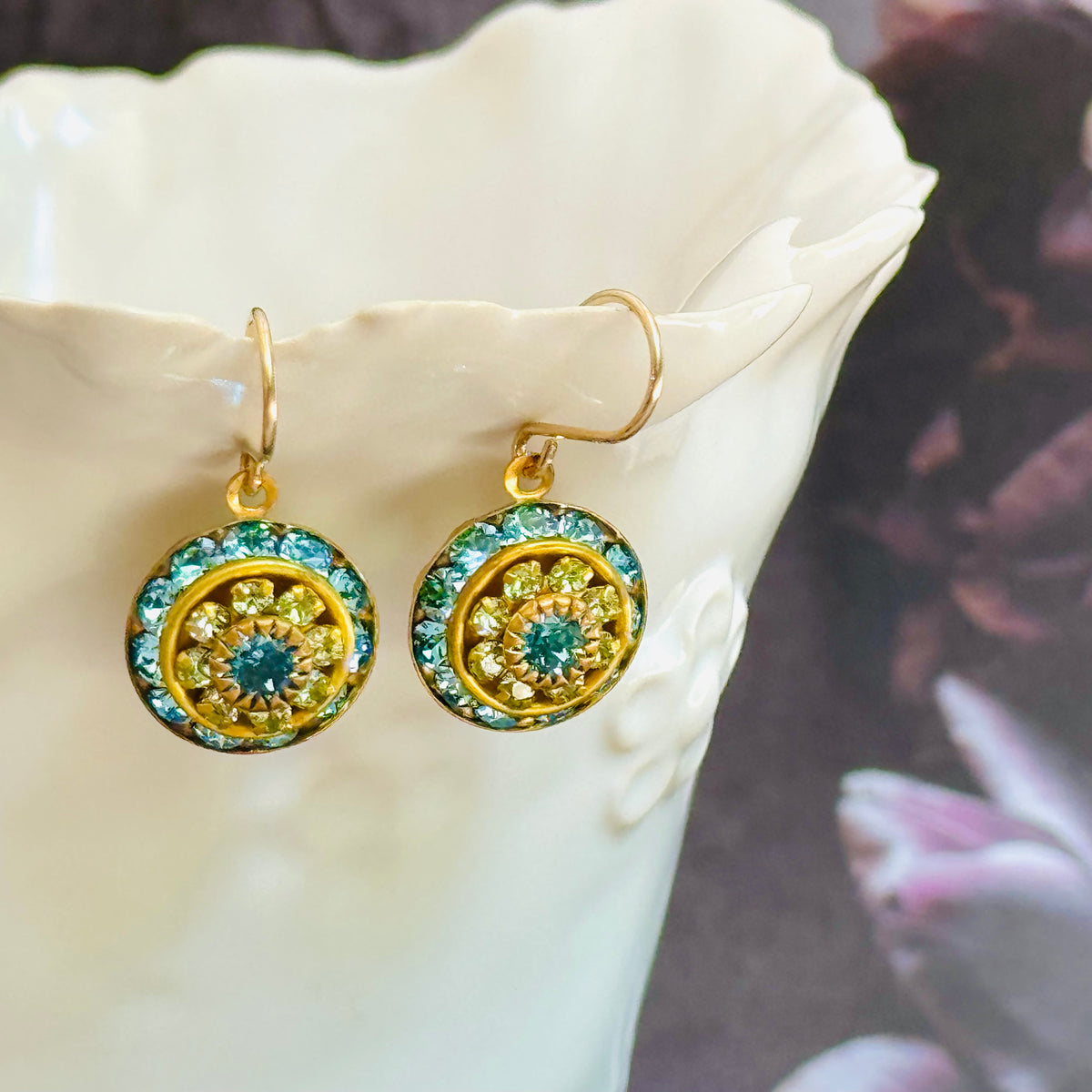 Aqua and Green Swarovski Crystal Domed Earrings in 14K Gold Fill