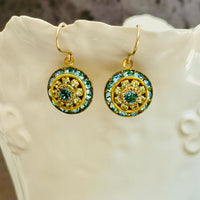 Aqua and Green Swarovski Crystal Domed Earrings in 14K Gold Fill