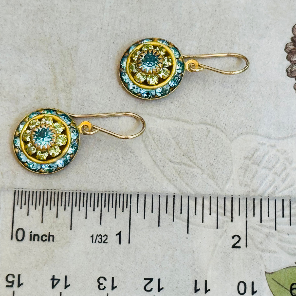 Aqua and Green Swarovski Crystal Domed Earrings in 14K Gold Fill
