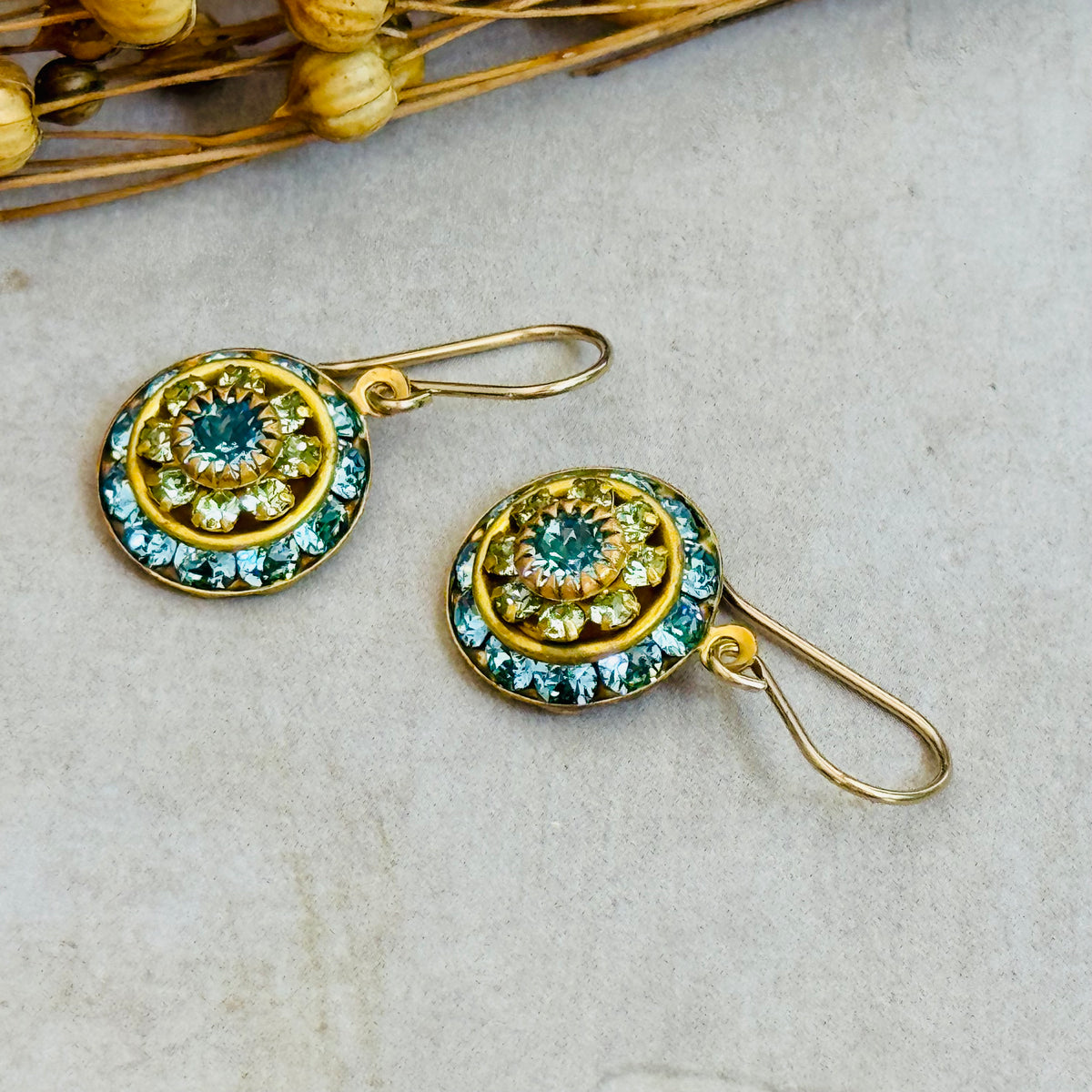 Aqua and Green Swarovski Crystal Domed Earrings in 14K Gold Fill