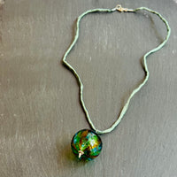 Mouth Blown Murano Glass Pendant Necklace on Light Green Cord