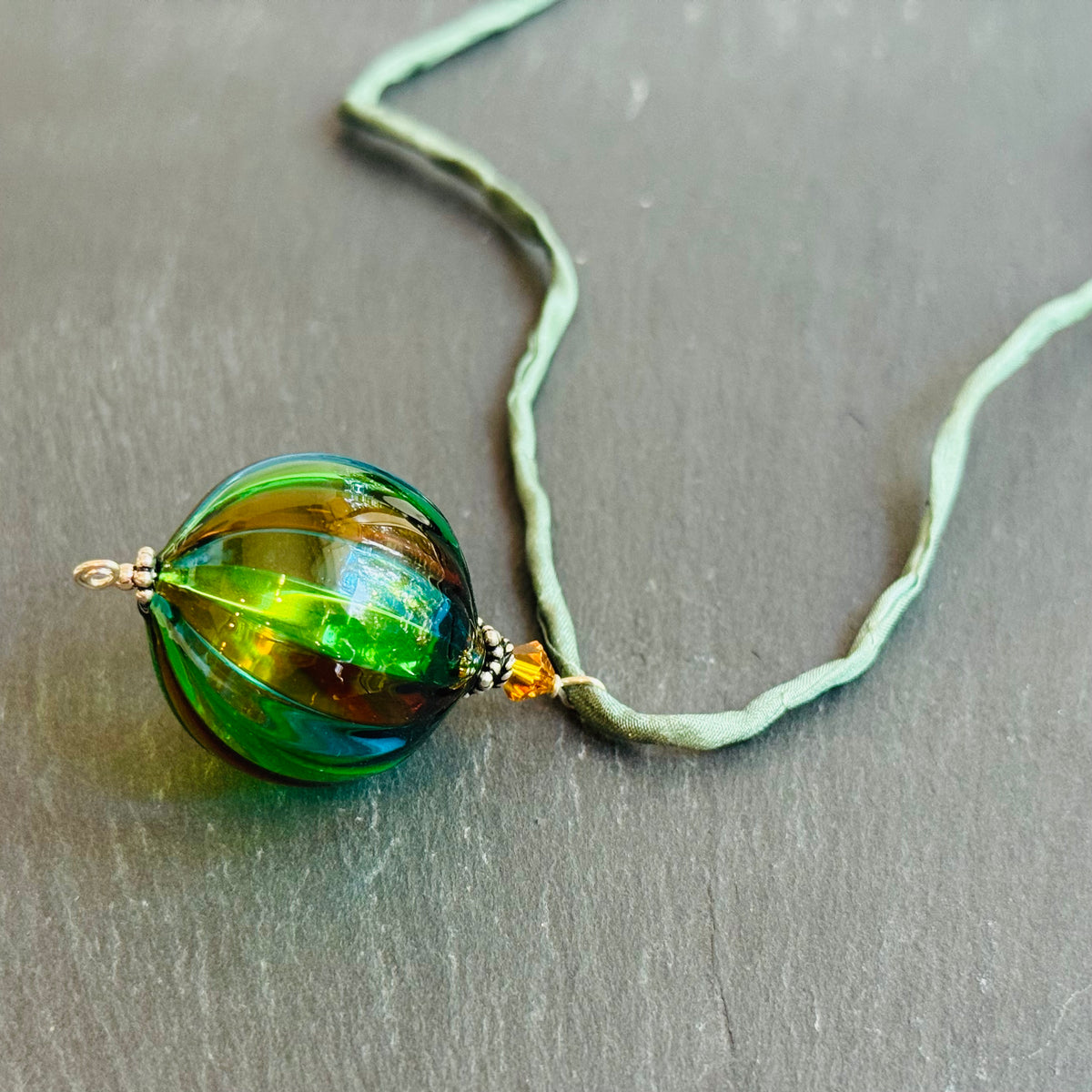 Mouth Blown Murano Glass Pendant Necklace on Light Green Cord