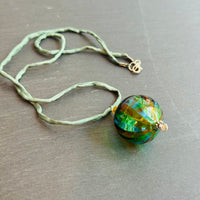 Mouth Blown Murano Glass Pendant Necklace on Light Green Cord