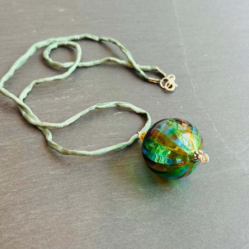 Mouth Blown Murano Glass Pendant Necklace on Light Green Cord