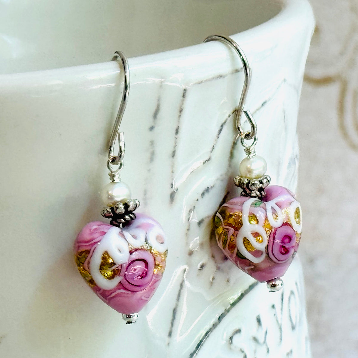 Pink Wedding Cake Heart Bead Earrings in Sterling Silver