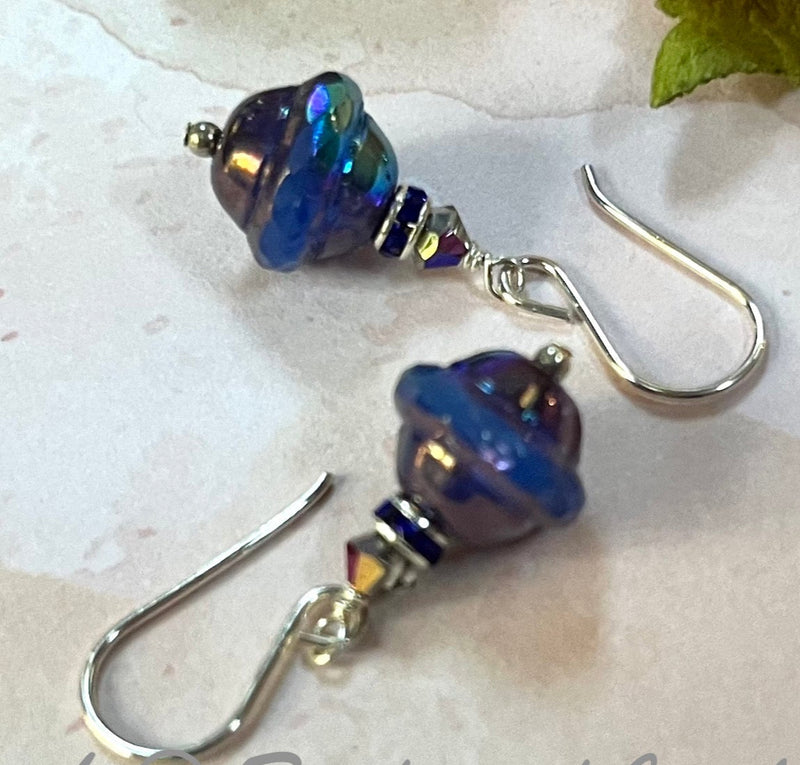 Czech Glass Royal Blue and Purple Saucer Earrings in Sterling Silver