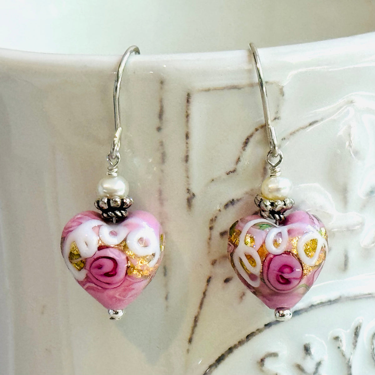 Pink Wedding Cake Heart Bead Earrings in Sterling Silver