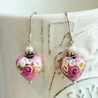 Pink Wedding Cake Heart Bead Earrings in Sterling Silver