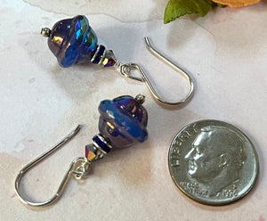 Czech Glass Royal Blue and Purple Saucer Earrings in Sterling Silver