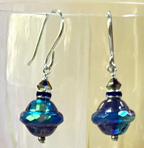 Czech Glass Royal Blue and Purple Saucer Earrings in Sterling Silver