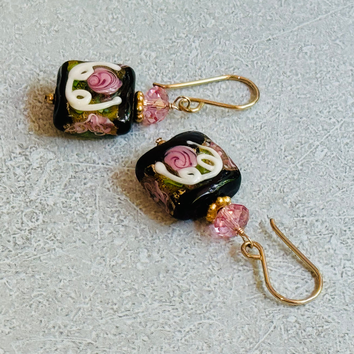 Square Black Murano Glass, Venetian Foil Earrings in 14K Gold Fill