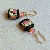 Square Black Murano Glass, Venetian Foil Earrings in 14K Gold Fill