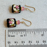 Square Black Murano Glass, Venetian Foil Earrings in 14K Gold Fill