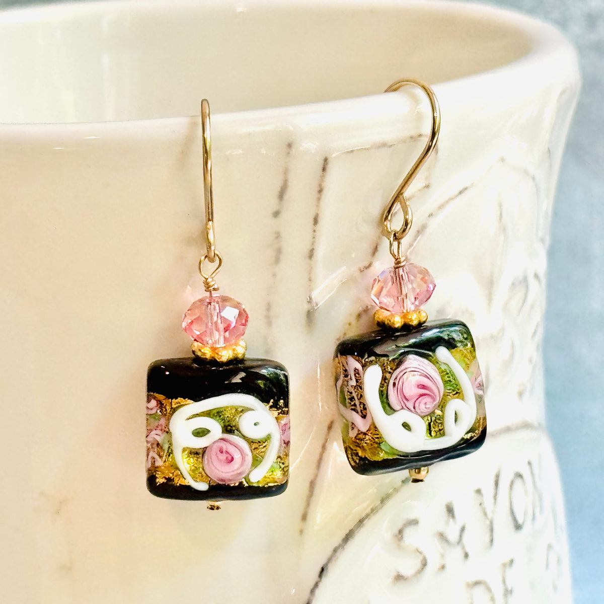 Square Black Murano Glass, Venetian Foil Earrings in 14K Gold Fill
