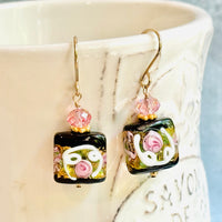 Square Black Murano Glass, Venetian Foil Earrings in 14K Gold Fill