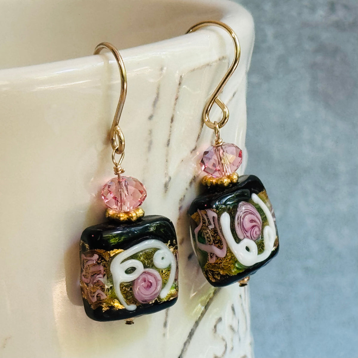 Square Black Murano Glass, Venetian Foil Earrings in 14K Gold Fill