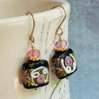 Square Black Murano Glass, Venetian Foil Earrings in 14K Gold Fill