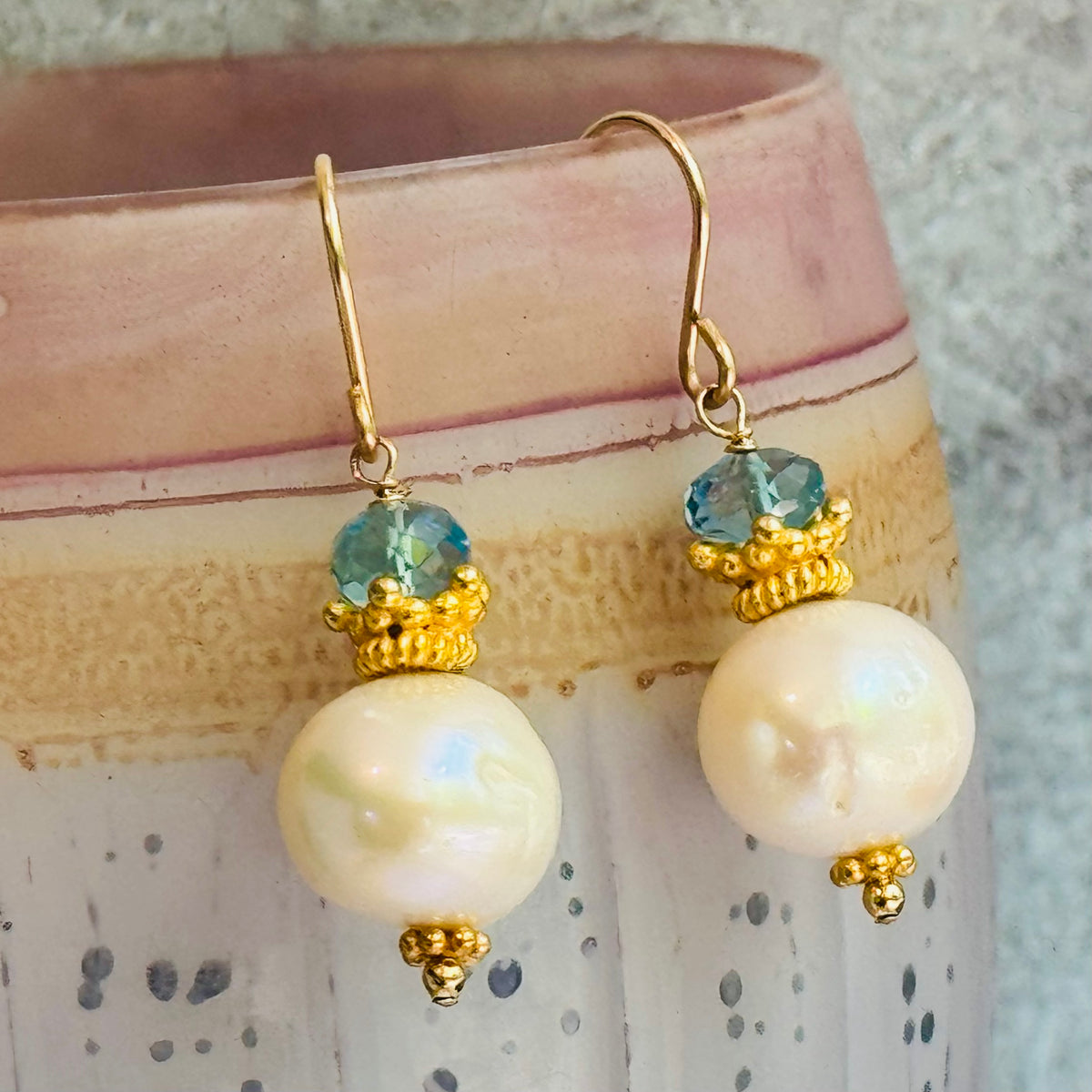Freshwater Pearl and Swiss Blue Topaz Earrings in 14K Gold Fill