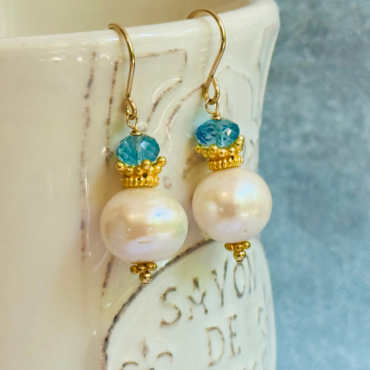 Freshwater Pearl and Swiss Blue Topaz Earrings in 14K Gold Fill