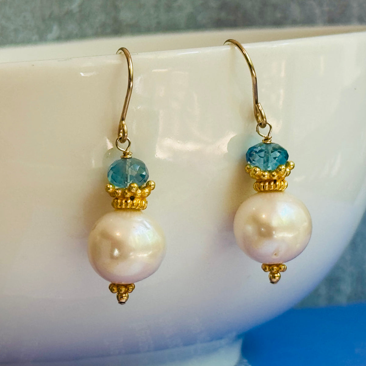 Freshwater Pearl and Swiss Blue Topaz Earrings in 14K Gold Fill