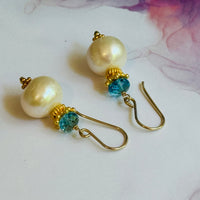 Freshwater Pearl and Swiss Blue Topaz Earrings in 14K Gold Fill