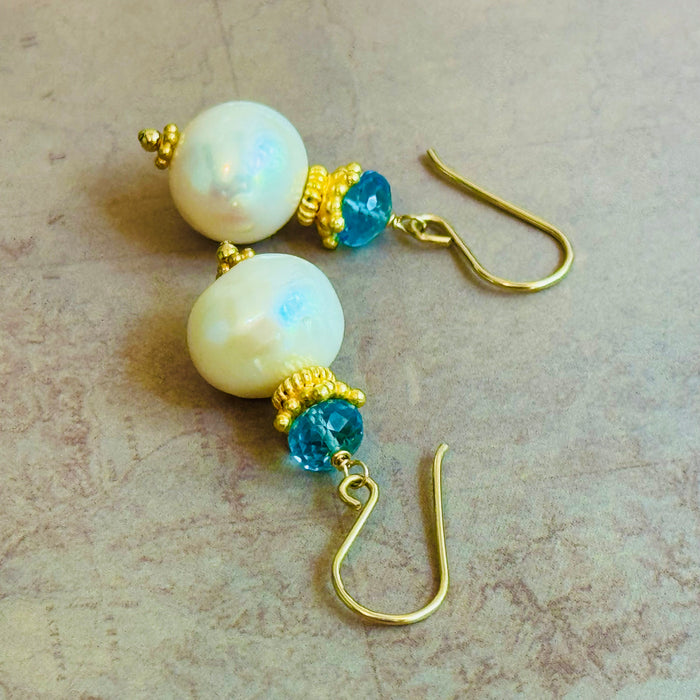 Freshwater Pearl and Swiss Blue Topaz Earrings in 14K Gold Fill