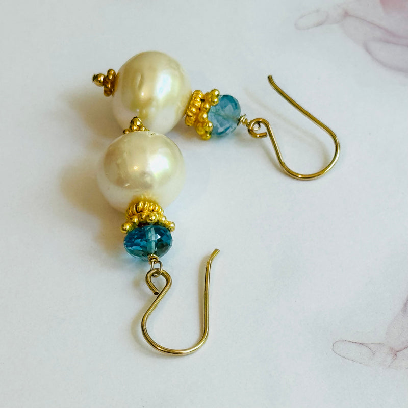 Freshwater Pearl and Swiss Blue Topaz Earrings in 14K Gold Fill