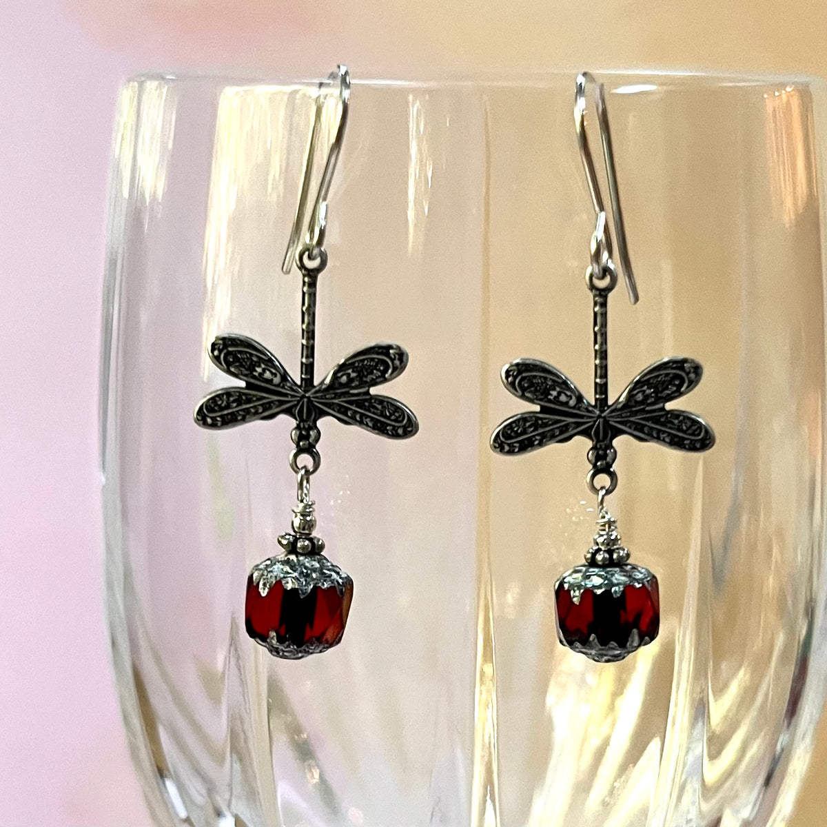 Czech Glass Red Cathedral Earrings in Sterling Silver