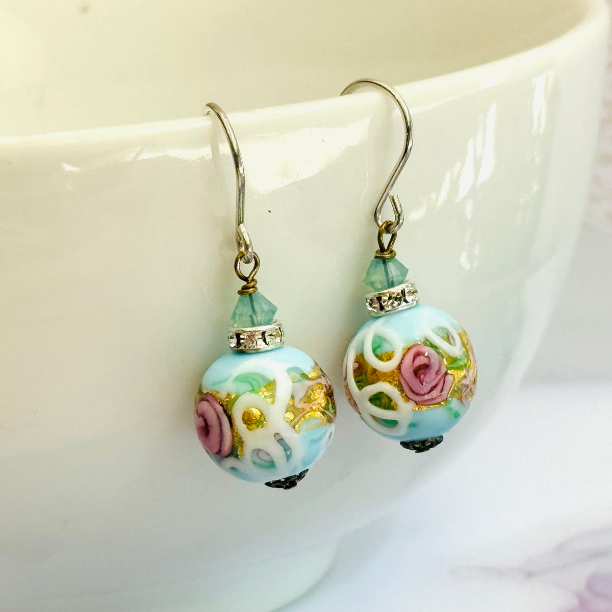 Light Blue Round Murano Wedding Cake Opaque  in Sterling Silver