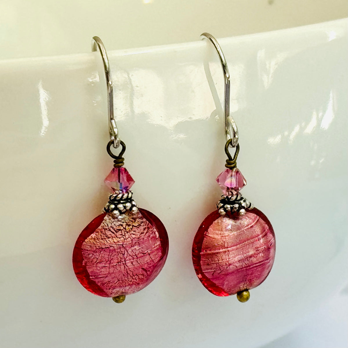 Pink Murano Glass Coin Earrings in Sterling Silver
