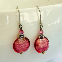 Pink Murano Glass Coin Earrings in Sterling Silver