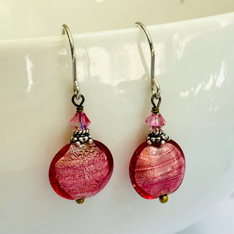 Pink Murano Glass Coin Earrings in Sterling Silver
