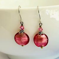 Pink Murano Glass Coin Earrings in Sterling Silver