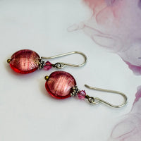 Pink Murano Glass Coin Earrings in Sterling Silver