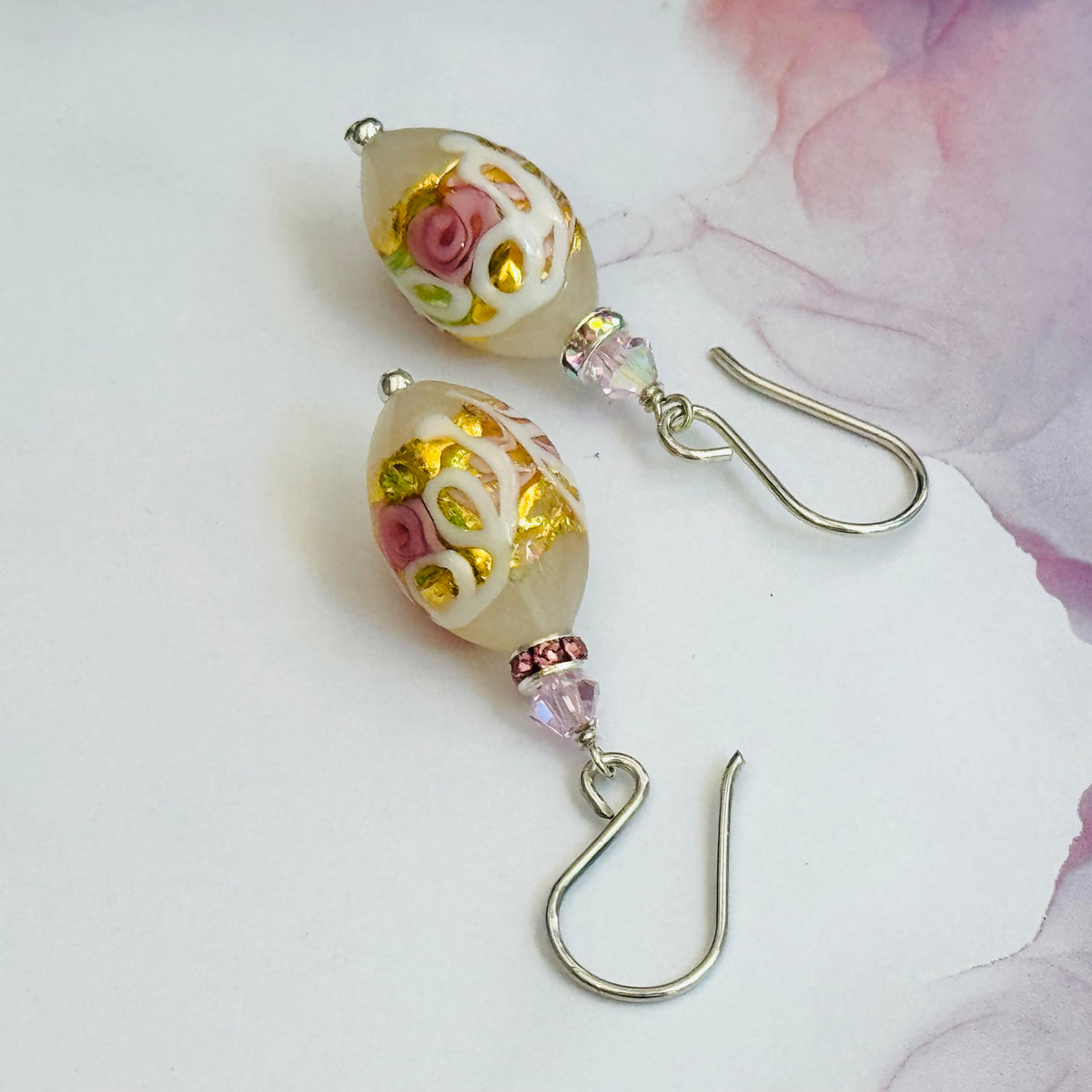 White Murano Glass Wedding Cake Earrings in Sterling Silver