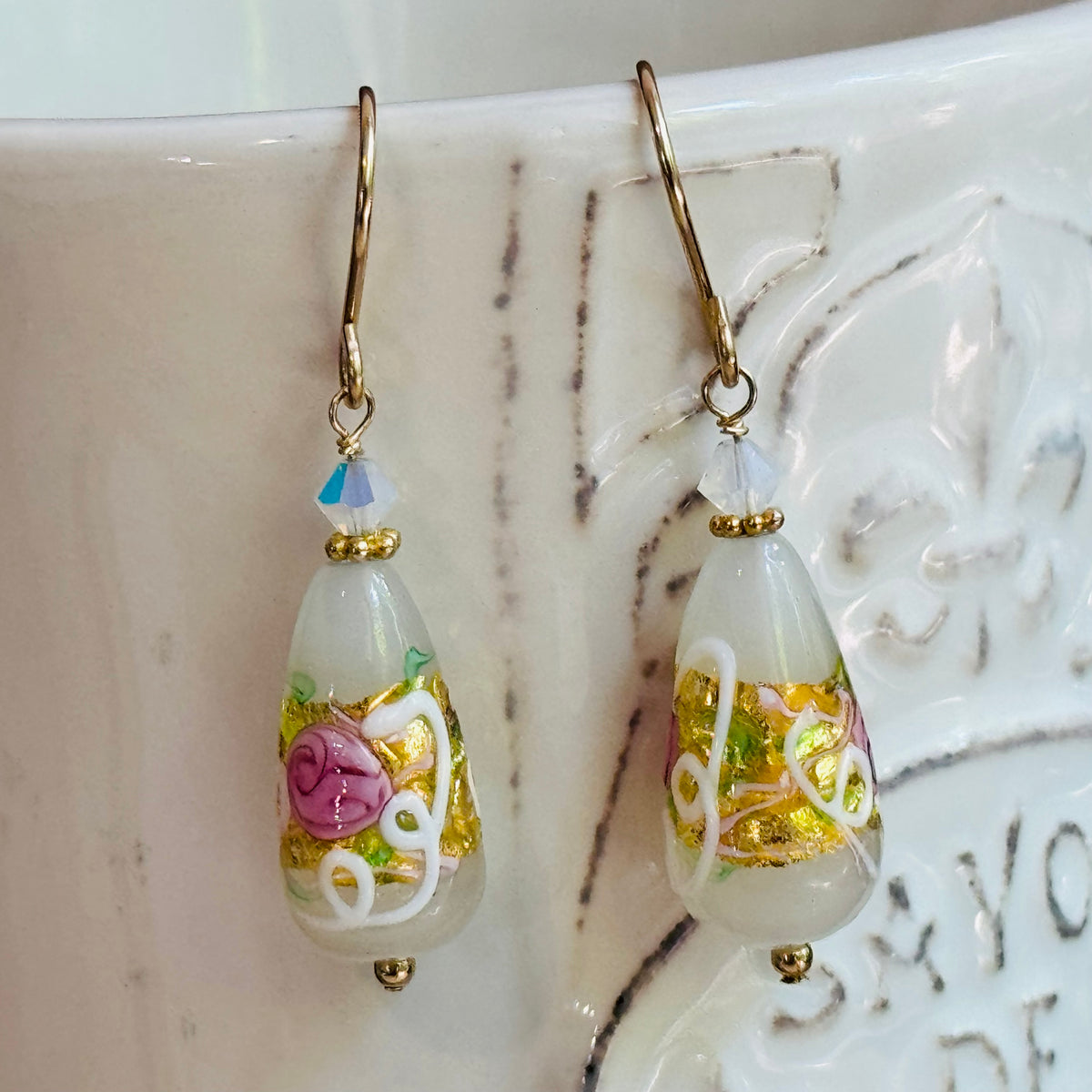 White Venetian Wedding Cake Earrings in 14K Gold Fill