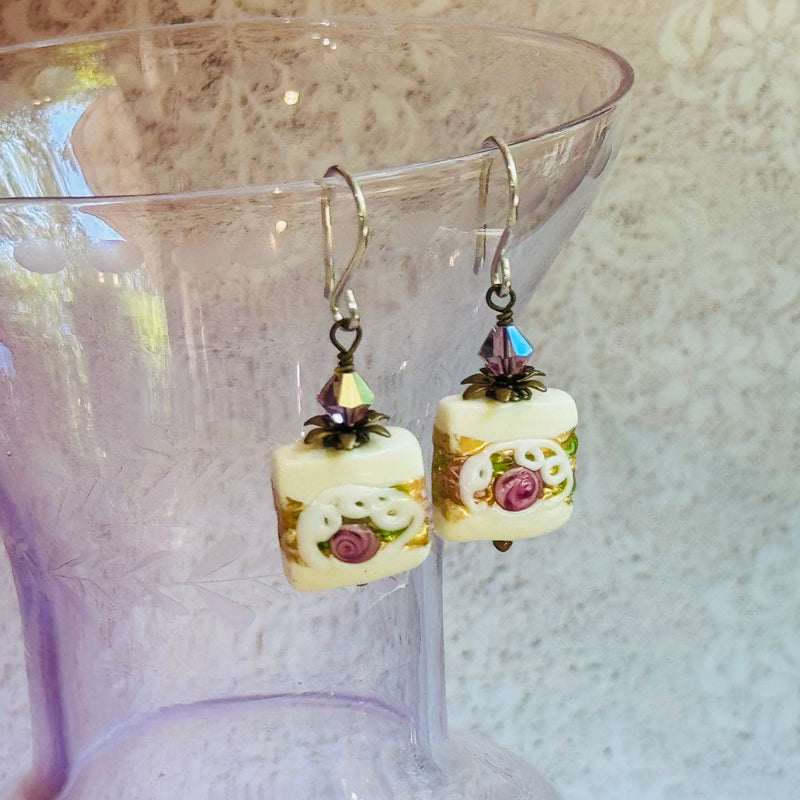Square Murano White Wedding Cake Earrings in Sterling Silver
