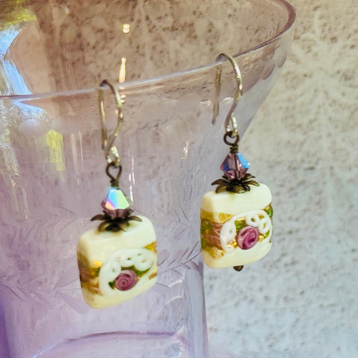 Square Murano White Wedding Cake Earrings in Sterling Silver