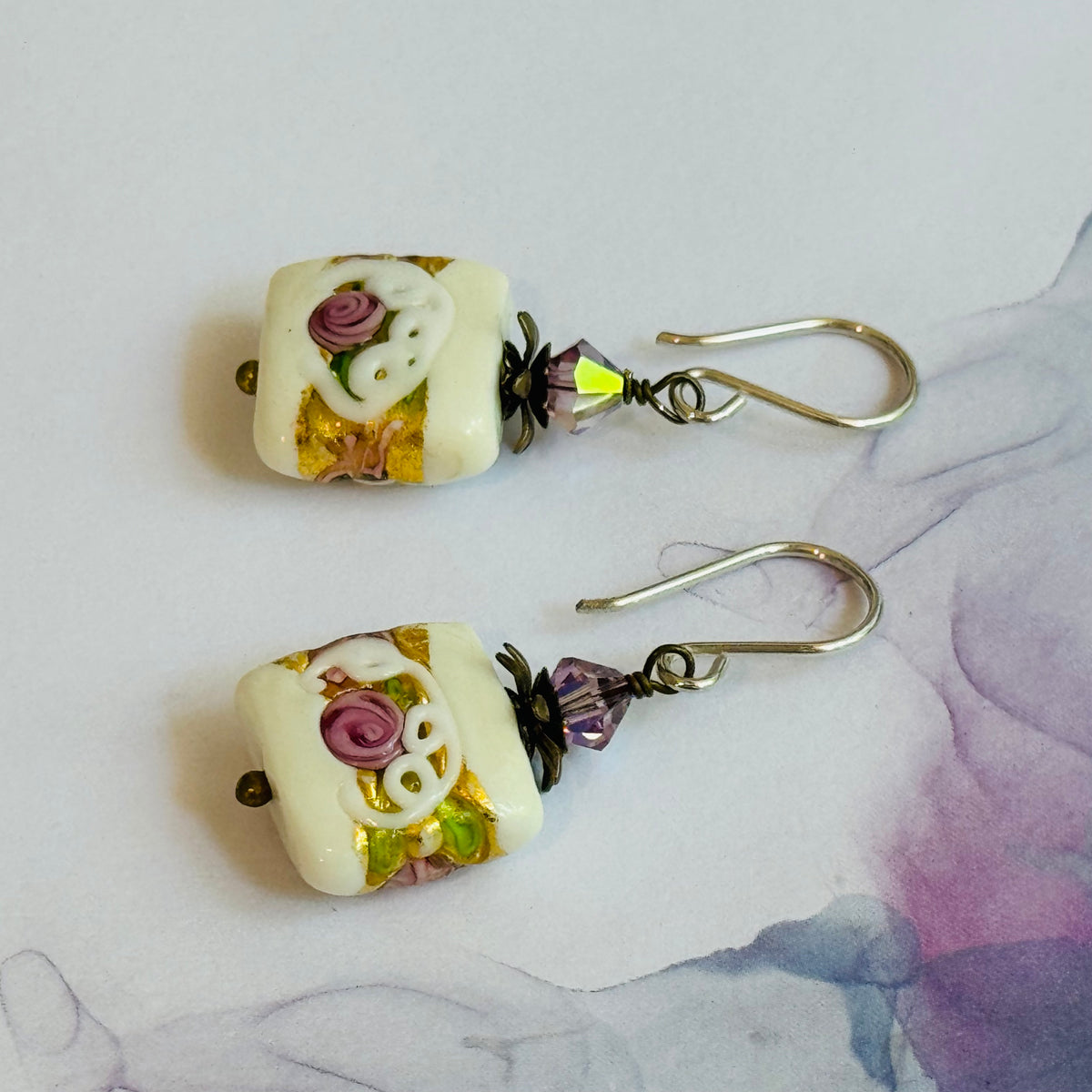 Square Murano White Wedding Cake Earrings in Sterling Silver